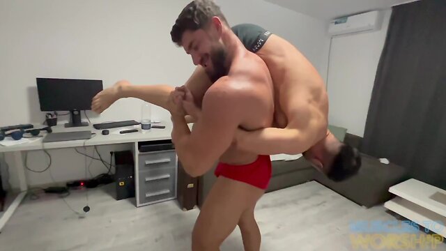 Alpha male muscle hunks dominate in rough wrestling